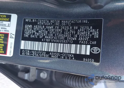 2012 Toyota Camry Se из США, поврежденный, VIN 4T1BF1FK9CU593713